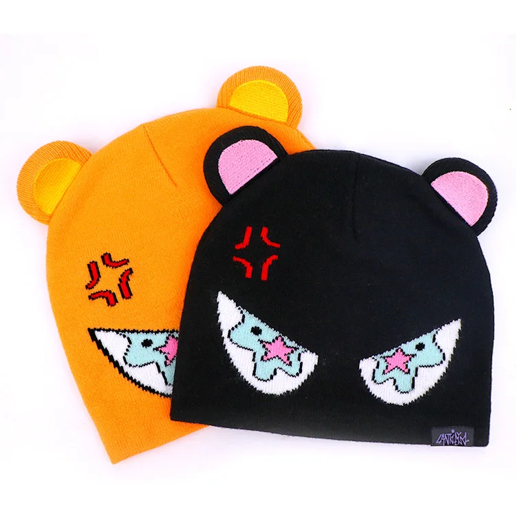 unisex cute kids children acrylic jacquard bear ear beanie hats with ears