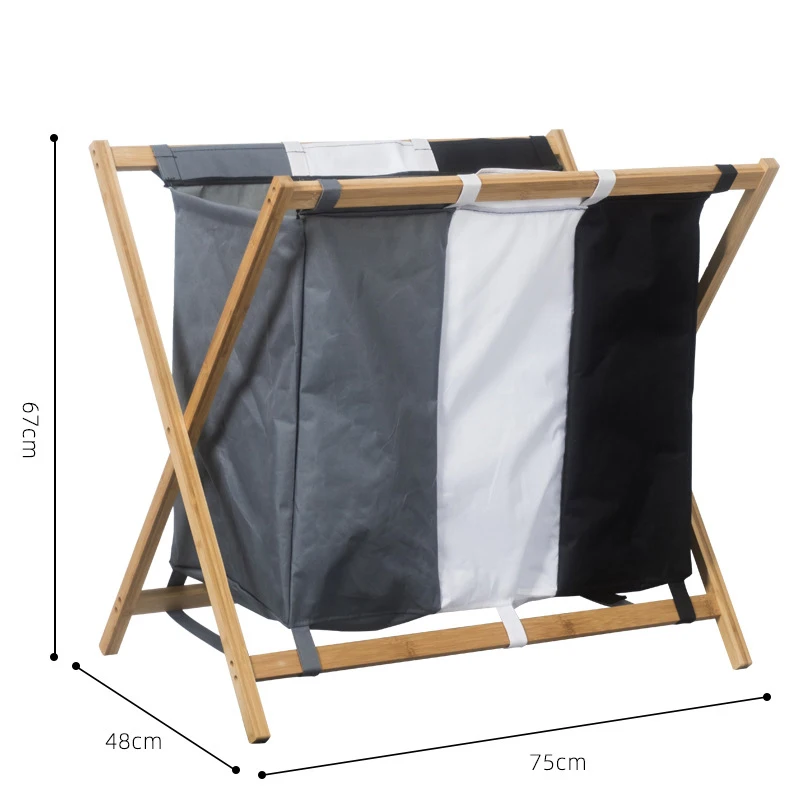 Hot selling Bamboo 3 Compartments Storage Laundry Hamper Basket Foldable Laundry Basket for Bedroom Bathroom