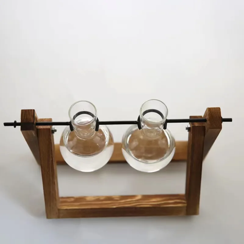 Plant Terrarium with Wooden Stand, Air Planter Bulb Glass Vase Metal Swivel Holder Retro Tabletop