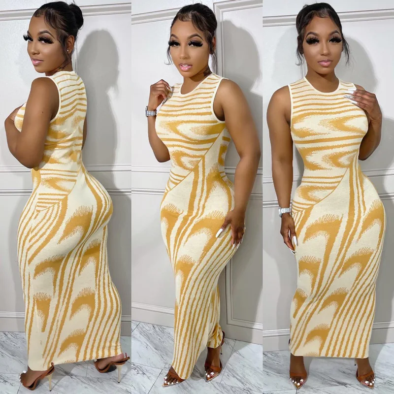 Q003 New 2023 European Chic Striped O-Neck Knee -Length Summer Sleeveless Dress Women Dresses 7