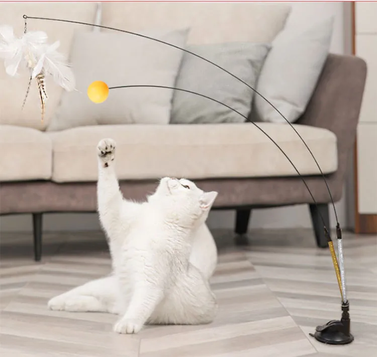 Steel wire long rod feather cat teaser creative ping pong suction cup fixed self hi elastic pet cat supplies wholesale