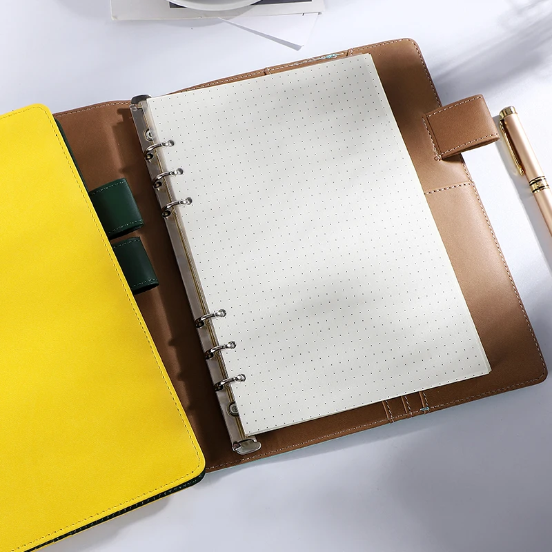 Fashion PU leather cover refillable custom 6 Ring binder A6 loose leaf leather journal diary notebook with pen holder
