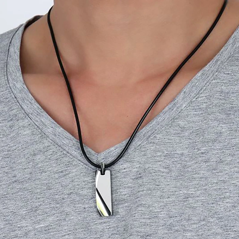 Custom Logo Name Letter Simple Long Bar Strip Design Trendy High Polish Jewelry Tungsten Carbide Steel Pendant Necklace for Men