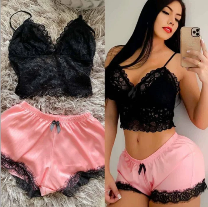 B0112 2022 High Quality 2 Pieces Set Sleepwear Plus Size Women Silk Satin Sexy Lace Pajama Shorts
