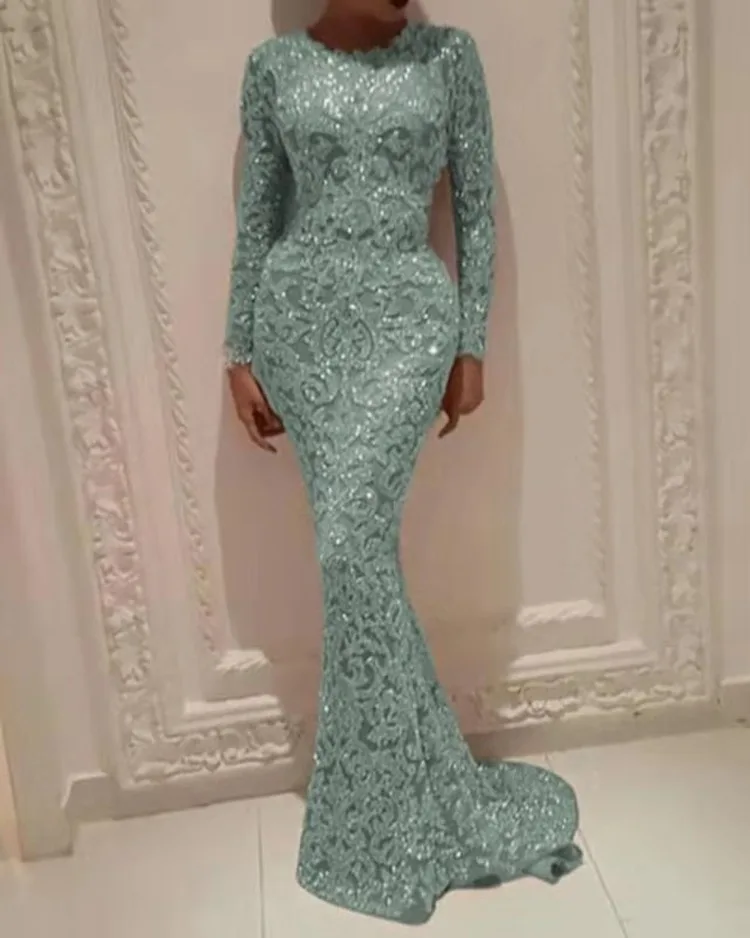 New Sexy O Neck Mermaid Evening Dress Long Formal Prom Party Gown Full Sequins long Sleeve Galadress Vestidos Occassion Dresses