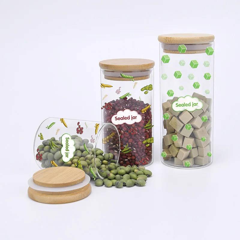 Wholesale round glass jars bamboo lid glass Food canisters used for Nuts Spice Candy Tea