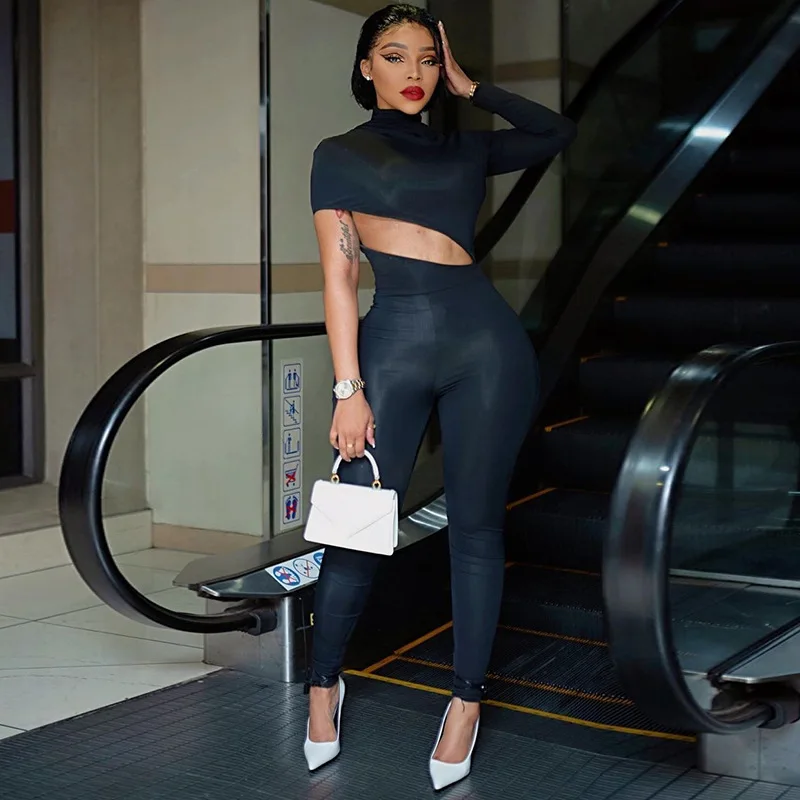High-Quality Fashion Sexy Club Outfits Summer Solid Single Sleeve Cut Out One Piece Pants Bodycon Women Sexy Jumpsuit