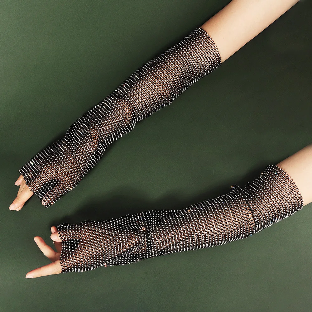 Flash Diamond Sleeve Women Party Long Stretch Mesh Rhinestone Arm Sleeve Gloves Disco Internet Celebrity Accessories Jewelry