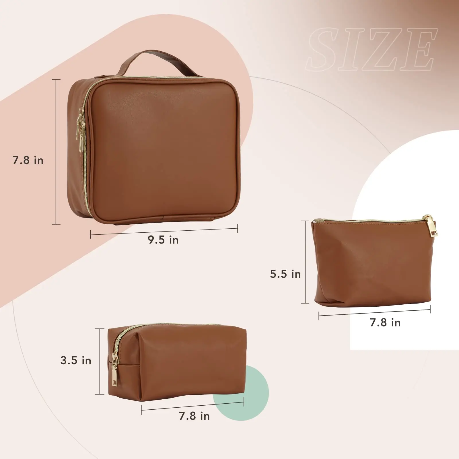 PU Leather Brown Makeup Bag Set Make up Bag Organizer Large 3Pcs Cosmetic Bag Sets for Travel