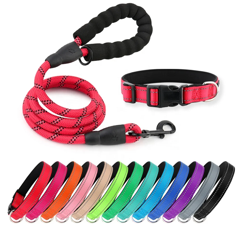 2023 New Reflective Dog Collar and Leash Set Adjustable Pet Nylon Collar with Soft Neoprene Padded Rope Dog Leash