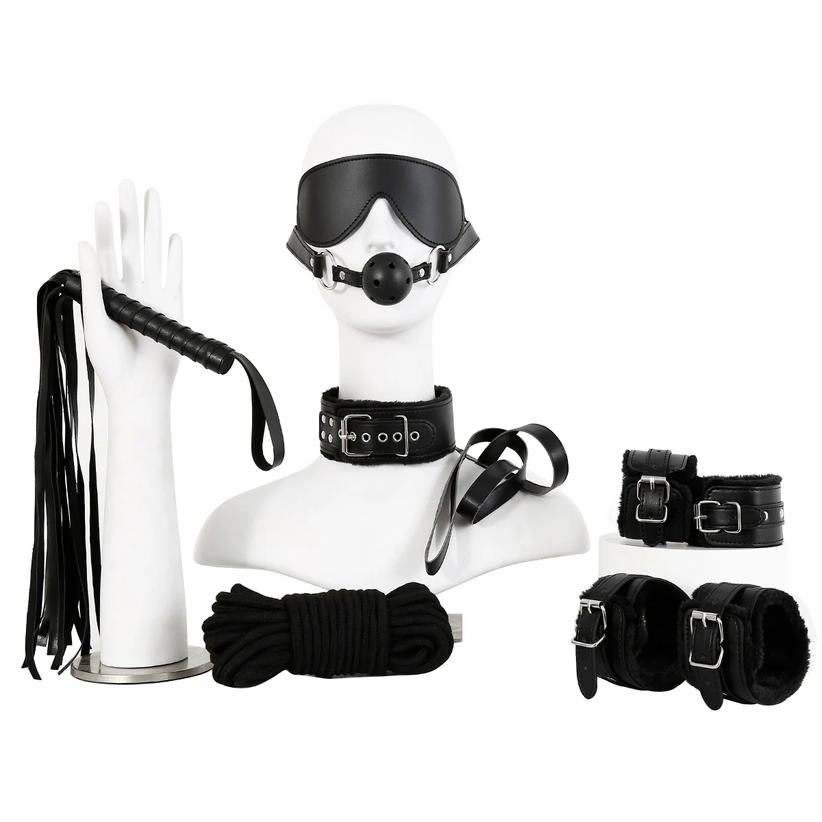 Adults BDSM Sex Bondage Set Leather Bondage Kits 7PCS/set Plush BDSM Kits Nipples Clip Floggers Mask and Handcuffs 10M Rope