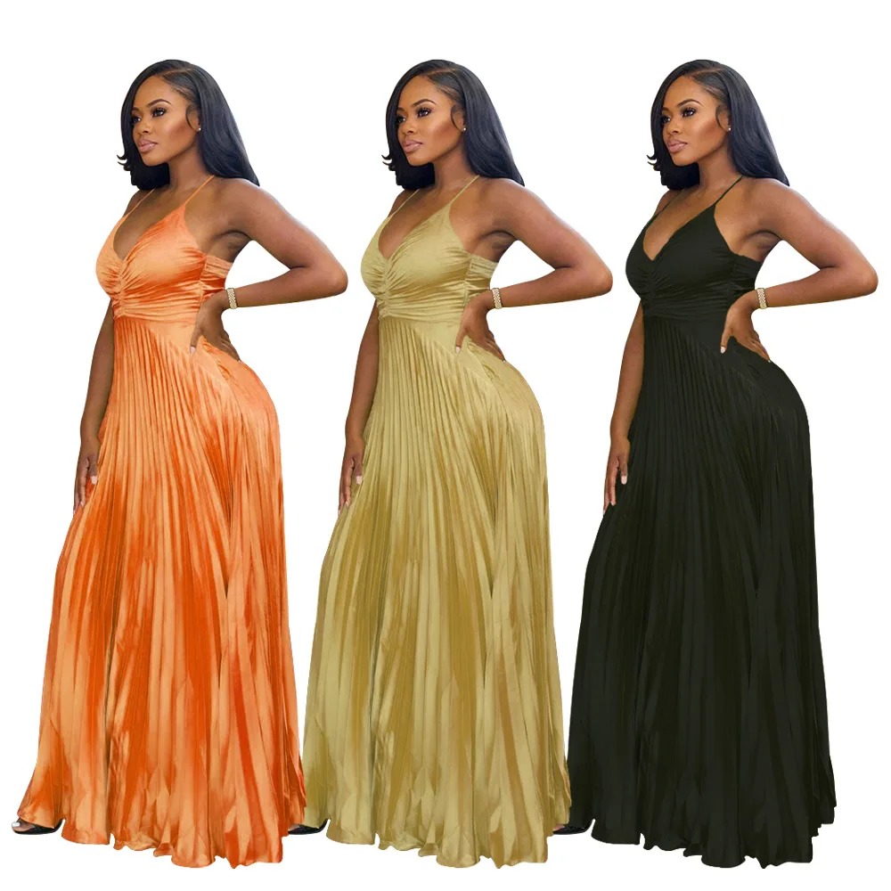 K10765 New Arrivals Summer 2024 Star Dress Autotest Silk Pleated Sleeveless Sexy Long Suspender Dress