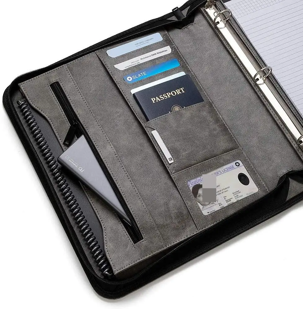 Hot-sale Office Supplies Products A4 Business Zipper Leather Portfolio Document File Organizer Folder