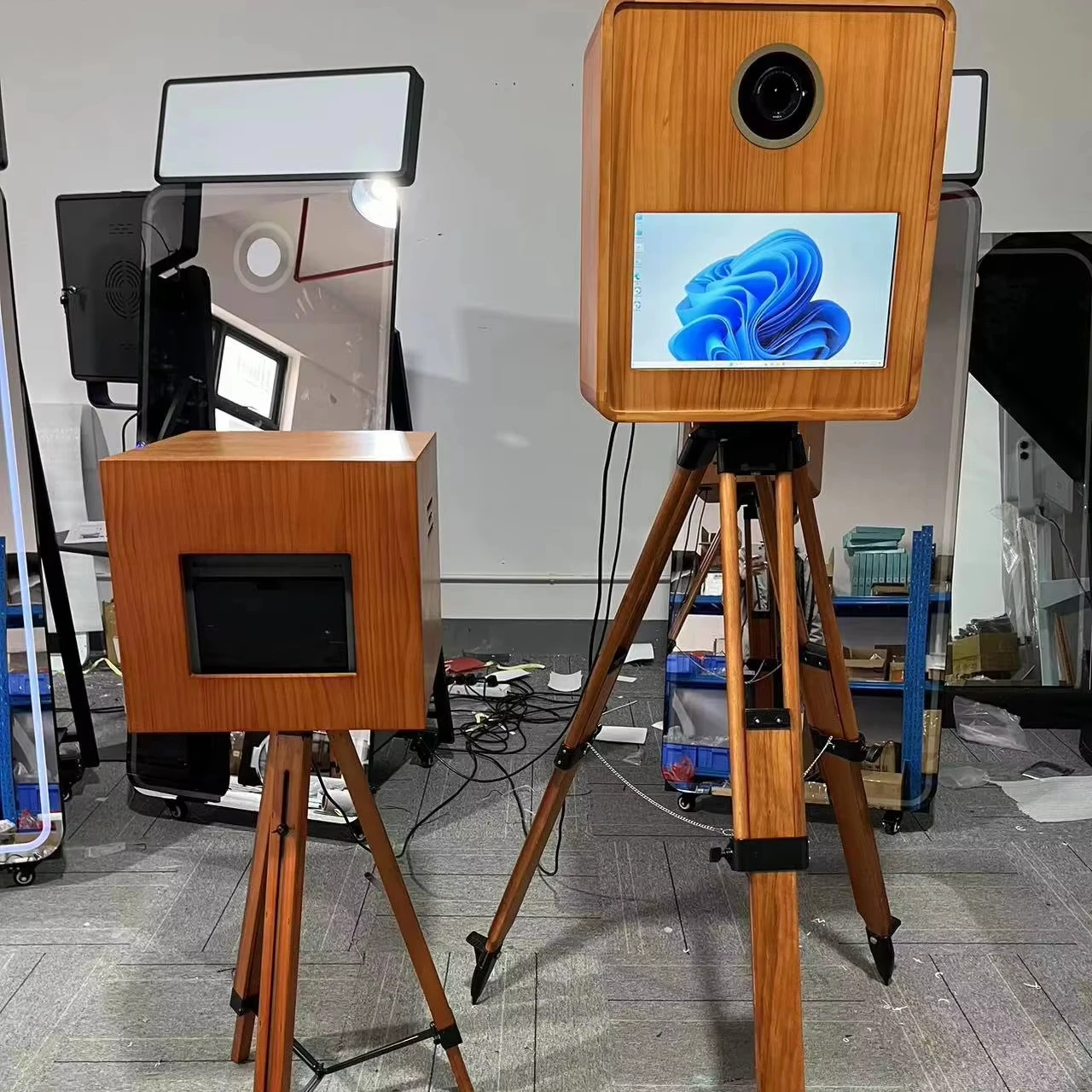 Solid wood tripod photo booth touchscreen photo booth with wood printer stand photo booth kiosk with printer and camera