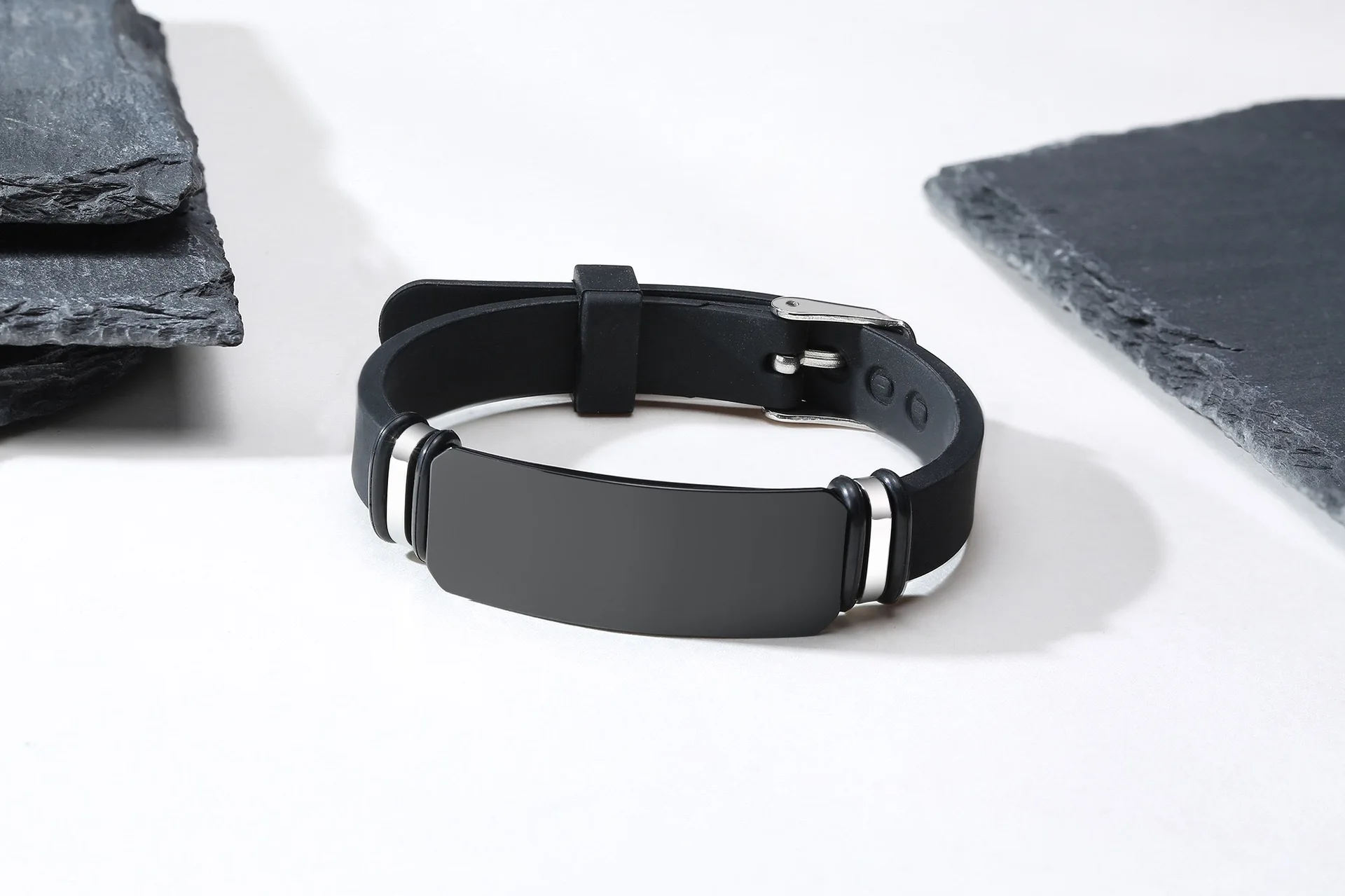 Custom Engravable Bar Black Single Silicone Mens Stainless Steel Adjustable Bracelet