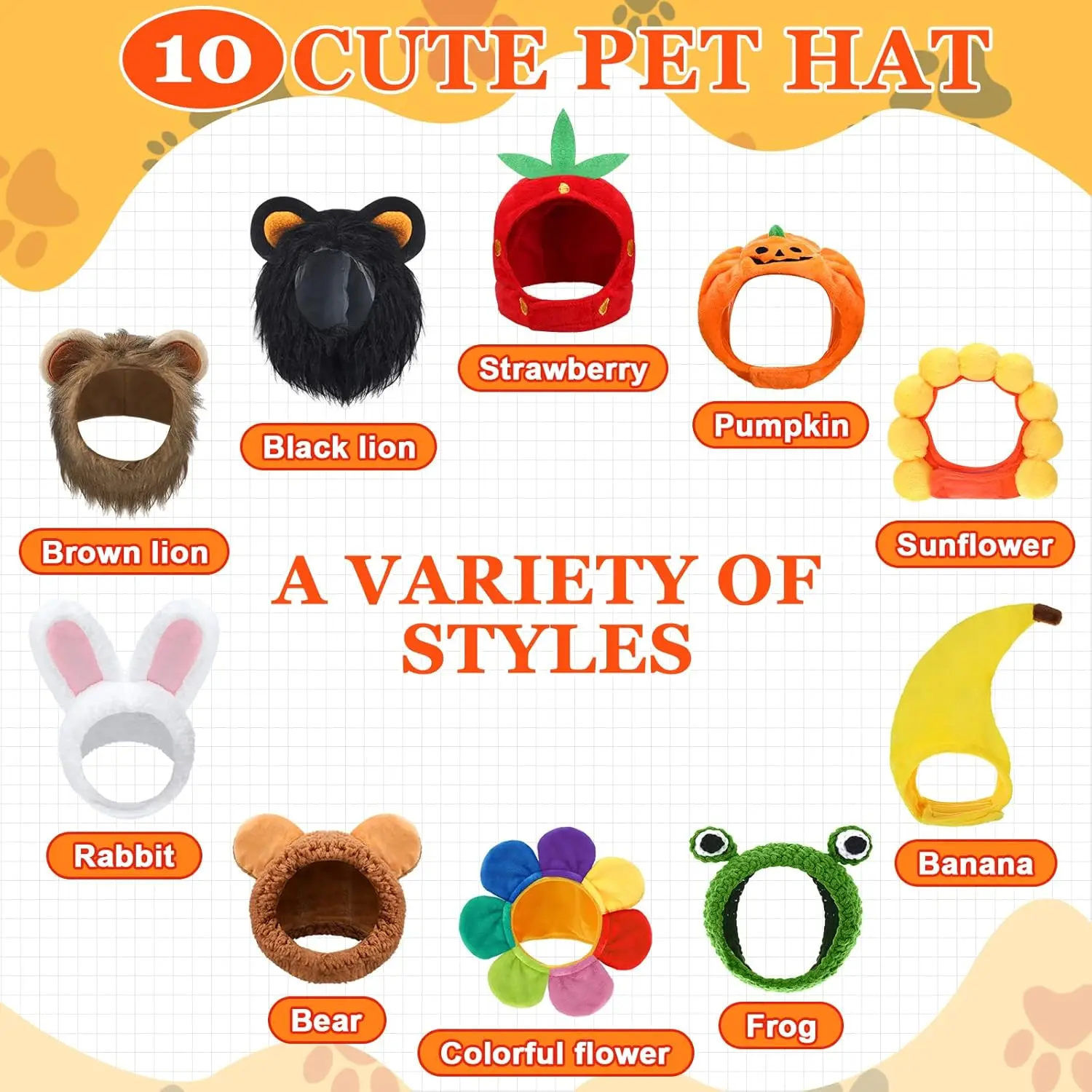 10 Pcs Cat Hat Cat Costumes Bunny Bear Lion Fruit Shaped Hat Adjustable Accessory Headwear for Cat Small Dog Kitten Puppy Pet