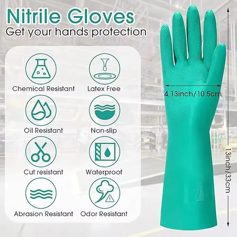 Green Chemical Resistant Safety Work Nitrile Gloves,Acid Oil Proof Hand Rubber Gloves Waterproof Nitrile Rubber