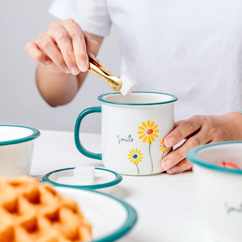 Jade-cer  ceramic Japanese Little Daisy design thick blue border soup rice salad bowls deep plates mug tablewares