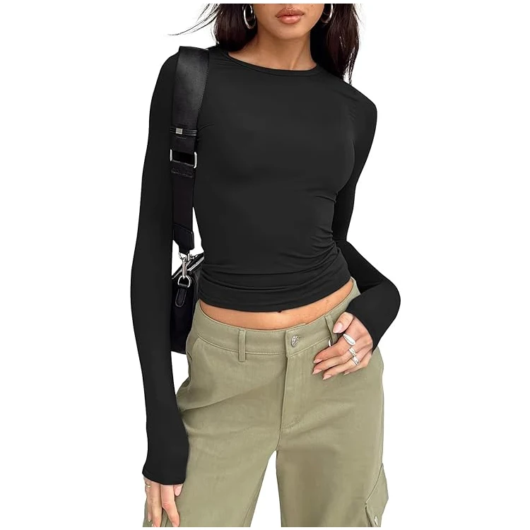 Trendy Queen Womens Long Sleeve Shirts Basic Crop Tops Tight Slim Fit Cute Teen Girls Fall Winter Y2k Clothes 2024