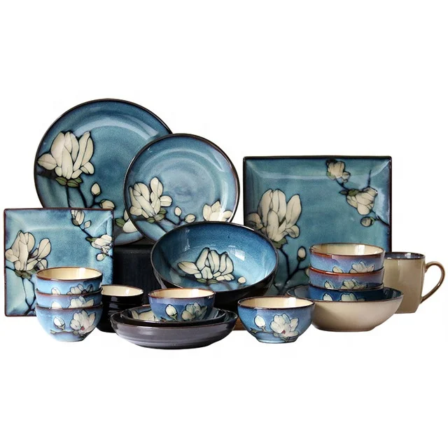Magnolia Flower Hand-painted Deep Square Plate Big Soup Bowl Rice Noodle Bowl Japanese Tableware Ceramic Bowl Set