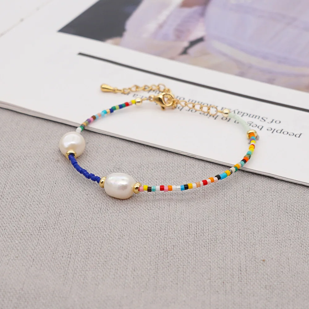 Colorful Delicate Summer Boho Beach Beaded Women Miyuki Jewelry Stainless Steel Tiny Beads Baroque Freshwater Pearl Bracelet