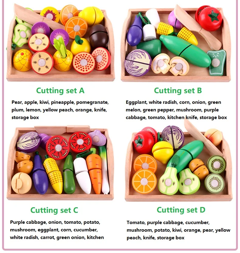 YUCI CPC CE Montessori Educational Toys learning Kitchen Wooden cutting toy Crate of Cut and Play Fruit Vegetable set for kids