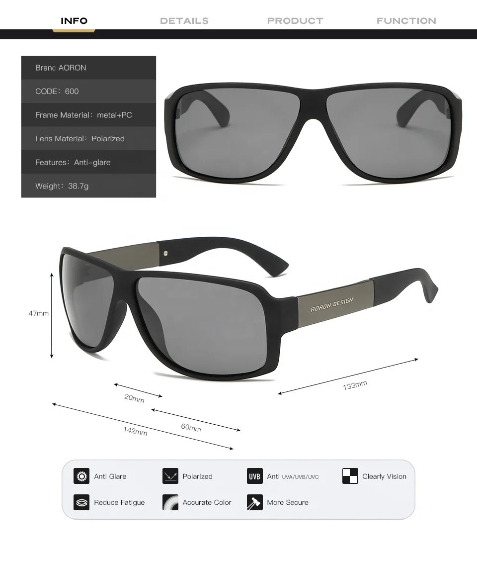 Aoron OEM изготовленный на заказ логотип Солнцезащитная пляжная силы черные мужские поляризованные солнцезащитные очки спортивные оптом A600