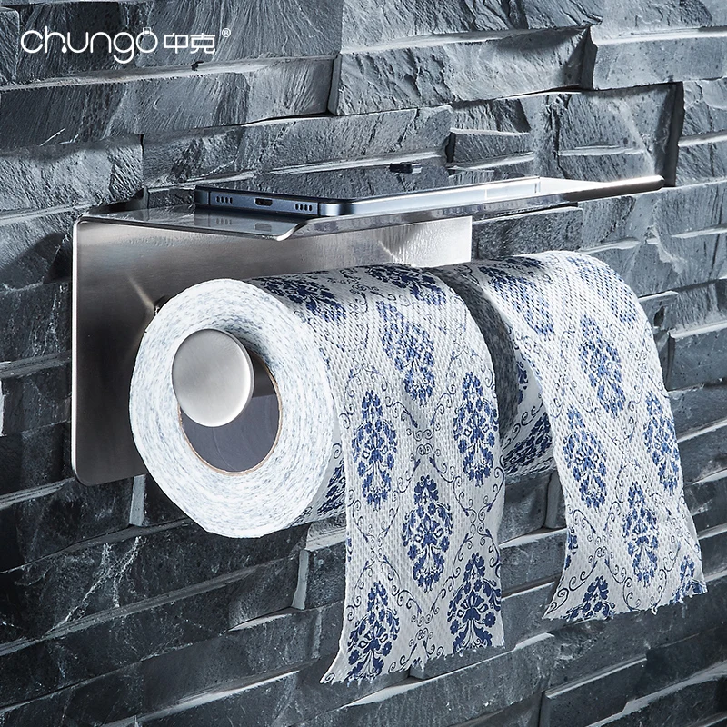 Modern Design Stainless Steel Bathroom Accessories Self-Adhesive Double Roll Toilet Paper Holder with Rack Phone Shelf Kitchen