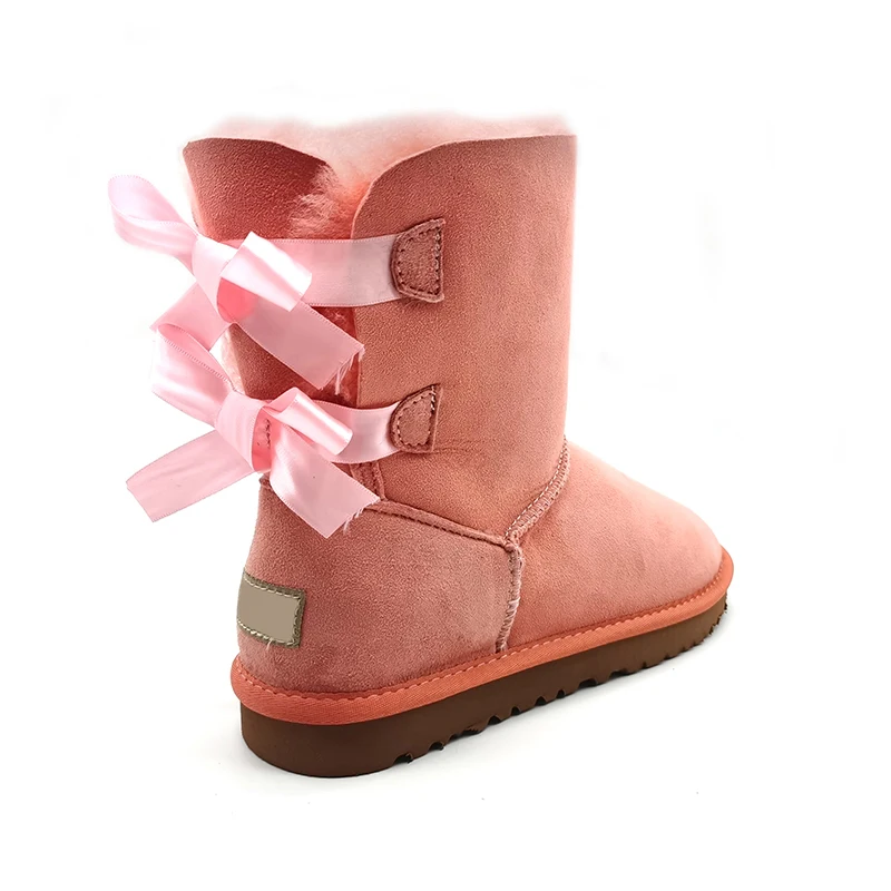 Зимние Детские женские ботинки с милым бантом, теплые зимние ботинки из искусственного овечьего меха