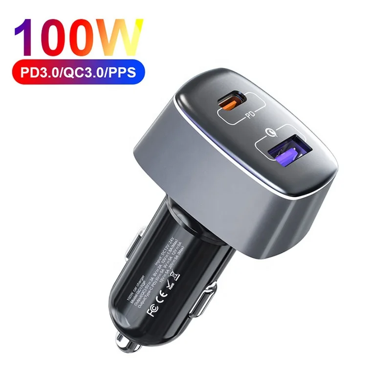 Custom 2 Port PPS PD 100W Car Charger Dual Port 100W QC3.0 USB C Car Charger For Xiaomi Huawei Samsung Laptop Tablet iPhone