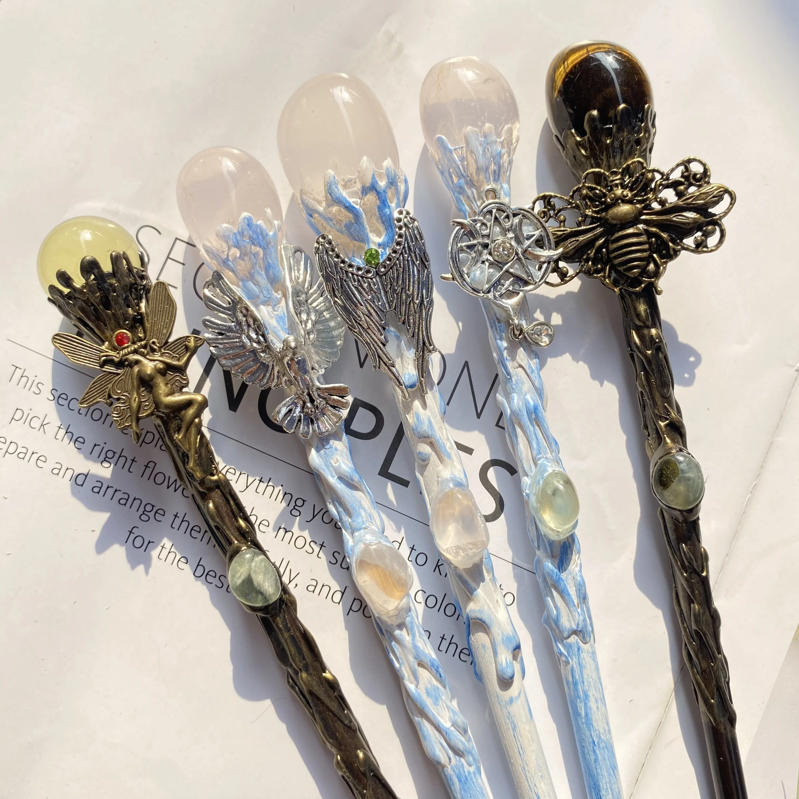 Gem Fairy Stick Crafts Alloy Angel Dragon Accessories Rose Quartz Amethyst Healing Crystal Magic Wand Ornament For Gifts