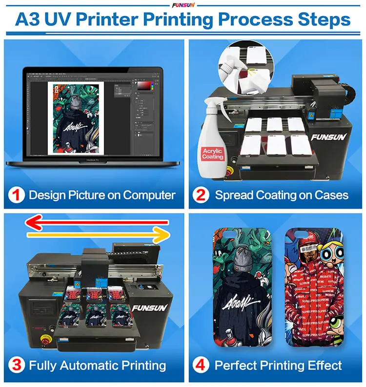 Funsun Factory Direct Wholesale A3 UV Flatbed Printer for Phone Case Cup Glass PVC Wood Leather