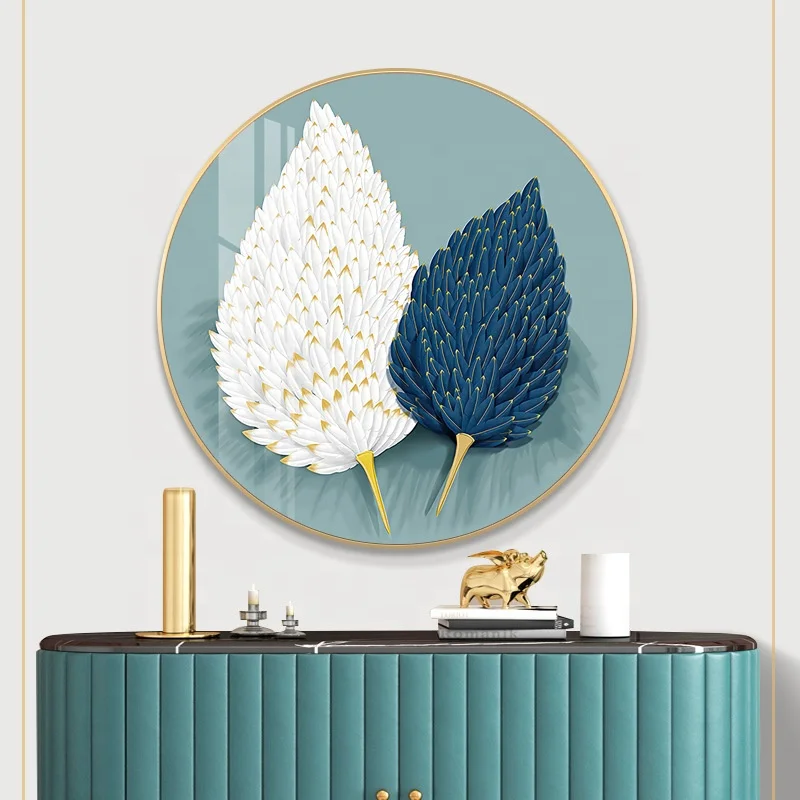 Porch decorative painting light luxury tempered glass wall painting 3D feather picture wall art round crystal porcelain painting