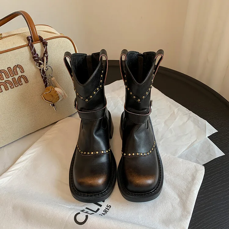 Adult custom ladies retro niche leather boots fashion mature new square head metal buckle rivet boots