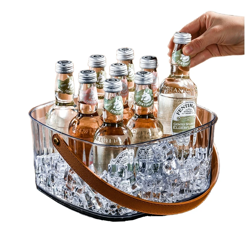 High Quality Vintage Transparent Plastic Ice Bucket Champagne Beer Beverage Tubs with Leather Handles for Kitchen Bar Party
