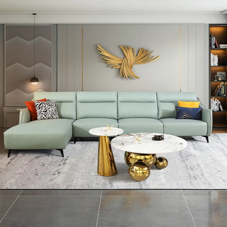 Light Green Living Room Sofa Set Furniture Sectional Modular PU Leather Sofa L Shape Sofa