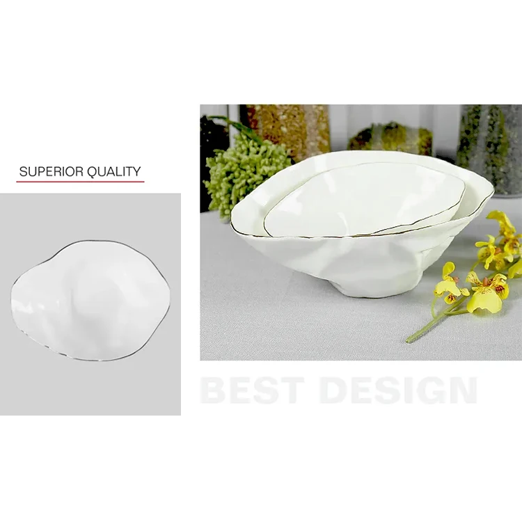 Unique shape design serving bowls white ceramic bowl gift set european bowl with gold rim