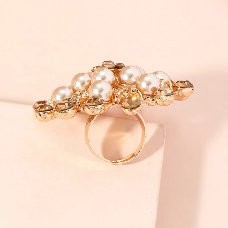 Luxury Pearl Big Flowers Joint Rings for Women Kpop Vintage Gold Metal Adjustable Ring Bridal Wedding Party Jewelry Anillos