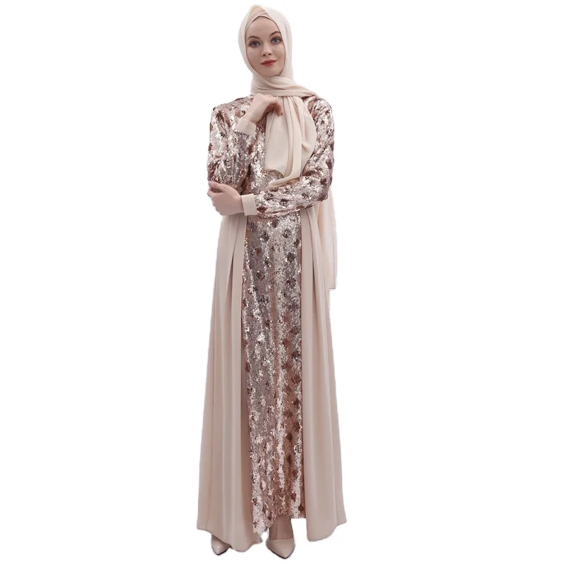 Woman Dress Muslim Evening Dresses With Long Sleeves Dubai Sequined Embroidered Abaya Fabric Muslim Abaya Dress