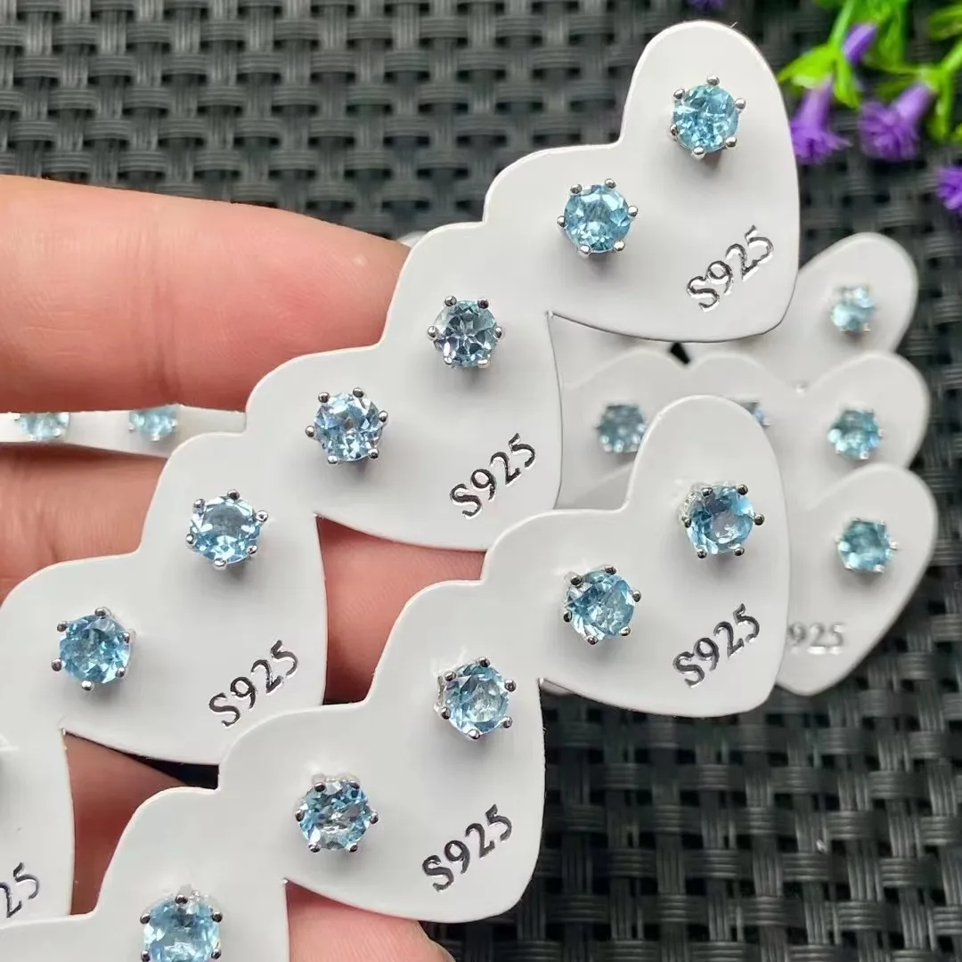 Natural Crystal Color Jewel Earrings Simple Six Claw 925 Silver Needle Topaz Amethyst Peridot Topa Garnet Earrings