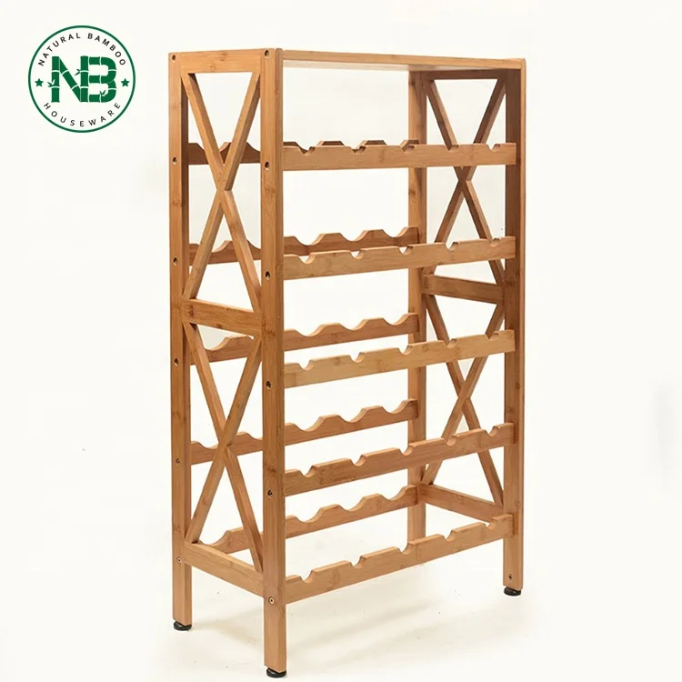 Free Standing 25 Bottles 5-Tier Shelf Wobble Free Standing Wine Display Bottles Rack Bamboo Storage Wine Hold