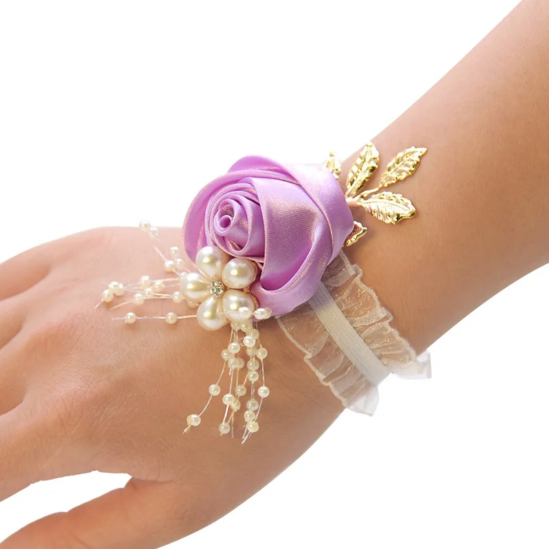 KS-102 Wedding Bridal Bridesmaid Silk Wrist Flower Corsage with Faux Pearl Bead Stretch Bracelet Wristband Gold Leaf