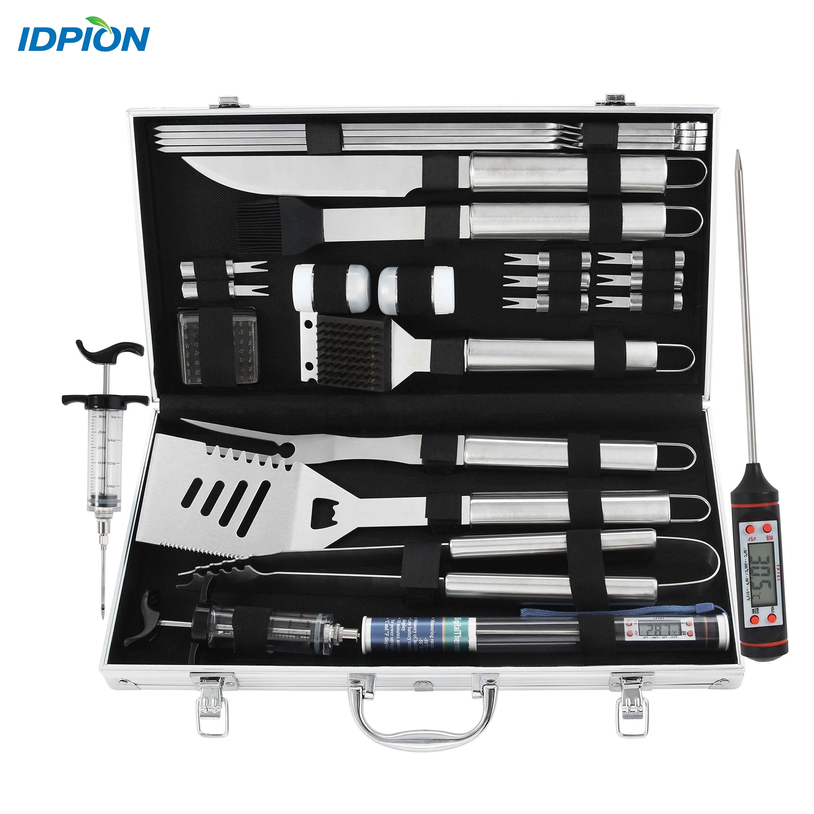 24PCS Custom Match Wood Handle BBQ Accessories BBQ Utensils with Aluminum Case