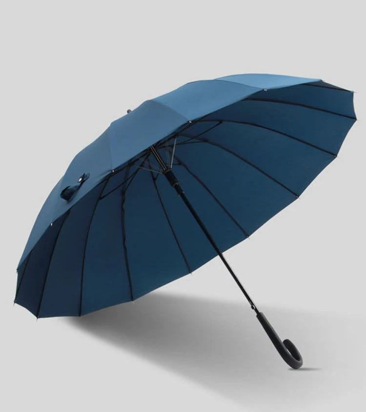 Wholesale fiberglass frame wind proof 16 rib umbrella straight with logo custom print with cuvred handle