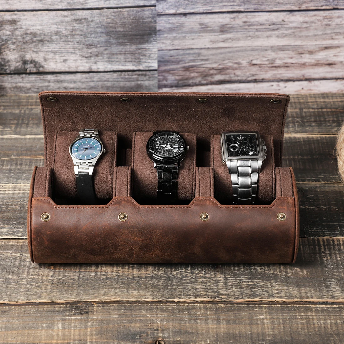 Factory Direct-Sale 3 Slots Leather Watch Roll Case For Family Travel Cow Leather Watch Storage Box Luxury Watch Holder