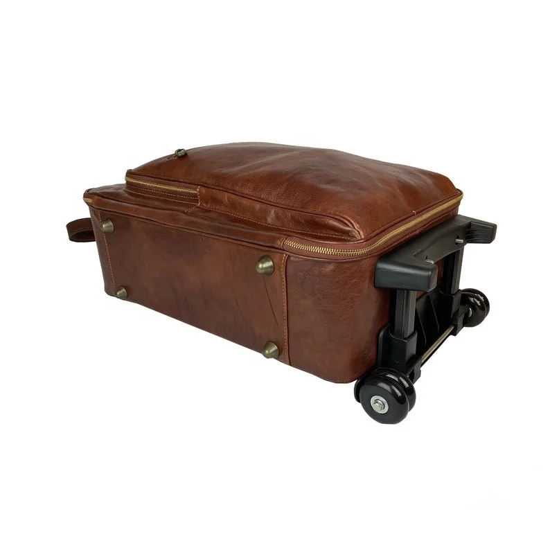 Trolley Travel Suitcase Highest Quality Leather Duffle Bag Brown Wheels and Handle