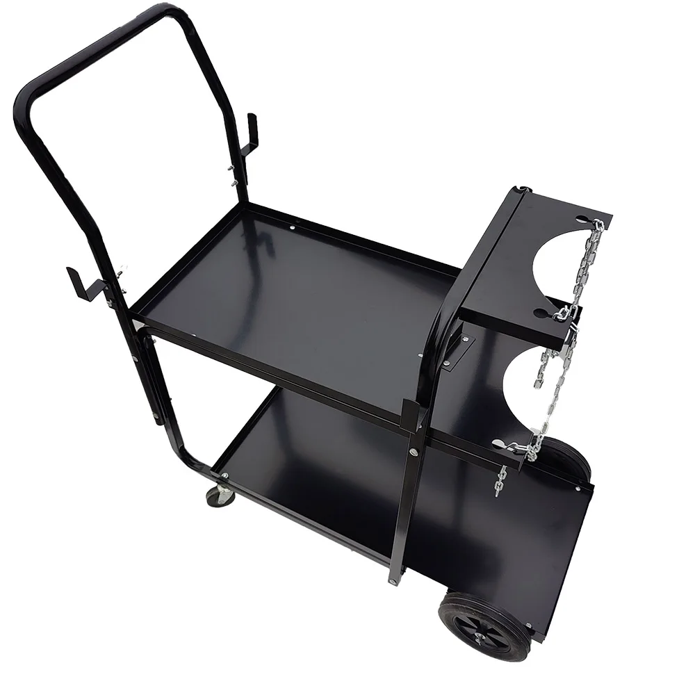 Black Welding Cart With Storage For Tank And Heavy Duty Swivel Wheels 2tier Service Welding Tool Cart Trolley
