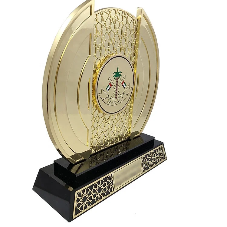 Custom Acrylic Base 3D Gold Arabic UAE  Company Business Gifts Metal  Award  Trophy