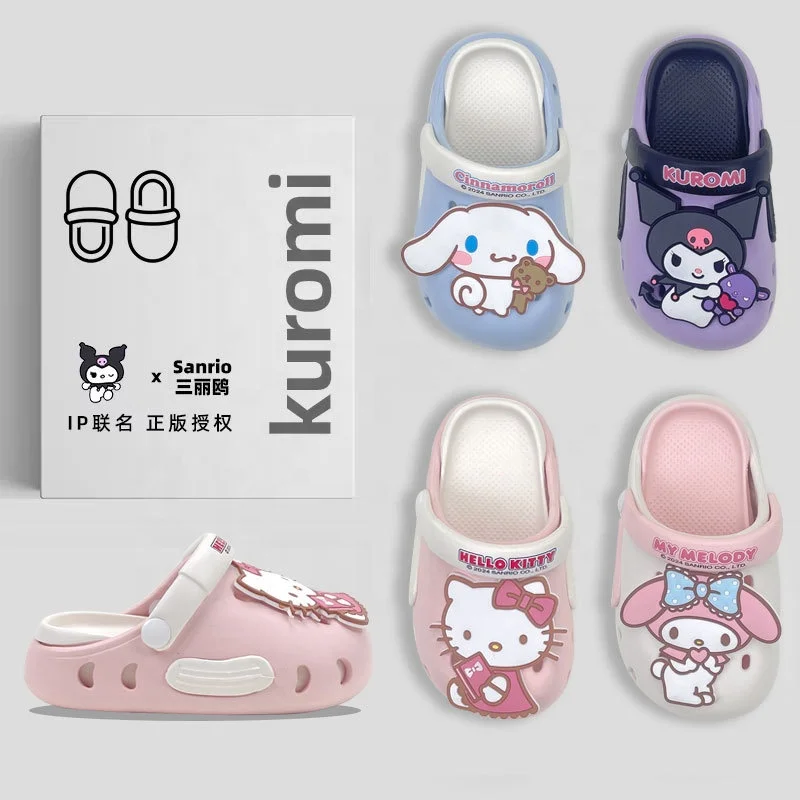 Genuine Sanrios Kulomi Hello KT Melodi Kids Summer Beach Sandals PVC Insole EVA Slippers Soft Toe Slide Home Style Boys Girls