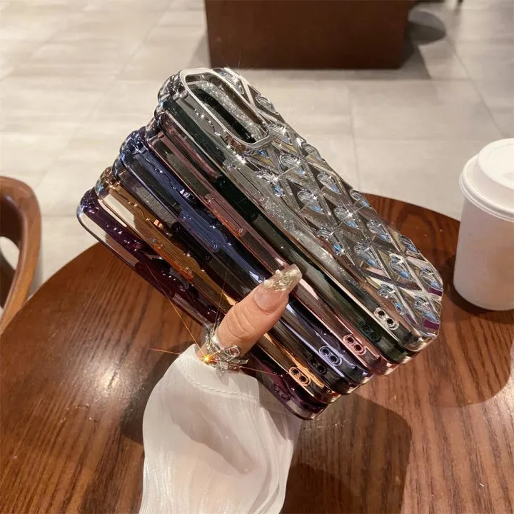 Deluxe Electroplate Rhombus Loving TPU Mobile Phone Case For iphone 15 14 pro max 13 12 11 Soft Protect Back Cover Shell